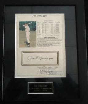 Joe DiMaggio Signed and Notarized Stat Sheet With Photo (framed) (Hurricane Relief Lot #8)